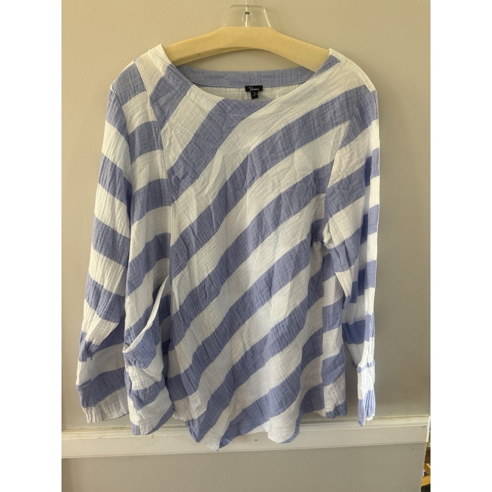 Shana Womens Textured Round Neck 3/4‎ Sleeve Pullover Blouse Top Blue Striped XL